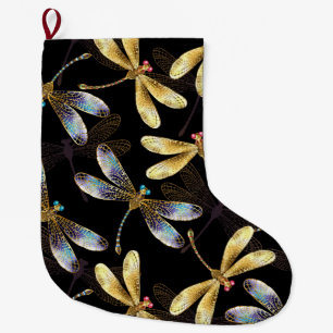 Seamless Pattern with Golden Dragonflies Large Christmas Stocking