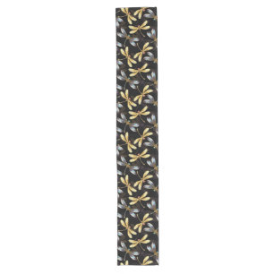 Seamless Pattern with Golden Dragonflies Long Table Runner