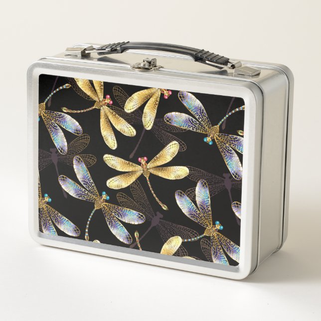 Seamless Pattern with Golden Dragonflies Metal Lunch Box (Front)