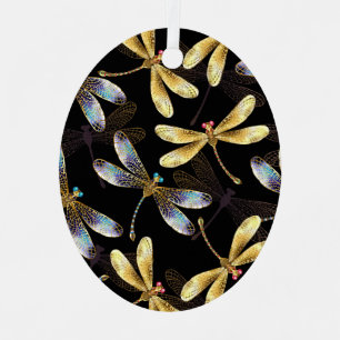 Seamless Pattern with Golden Dragonflies Metal Ornament