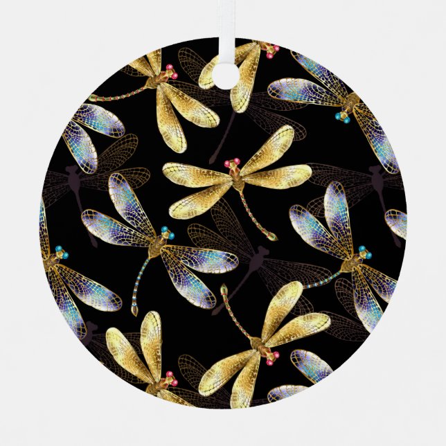 Seamless Pattern with Golden Dragonflies Metal Ornament (Front)