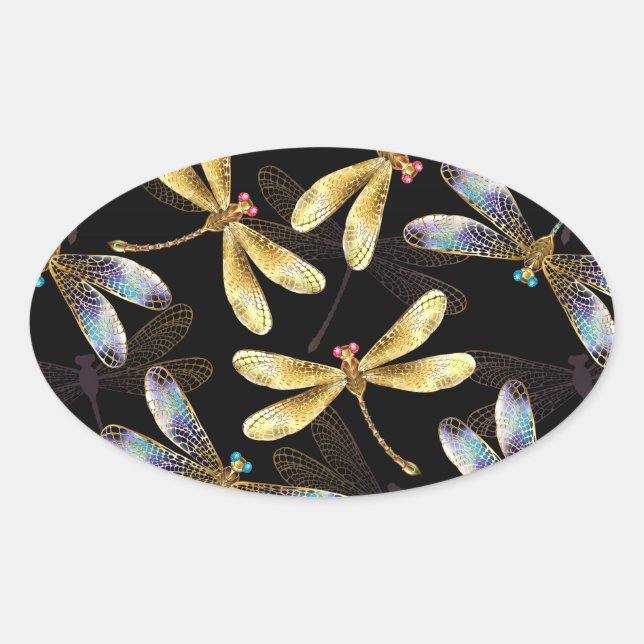 Seamless Pattern with Golden Dragonflies Oval Sticker (Front)