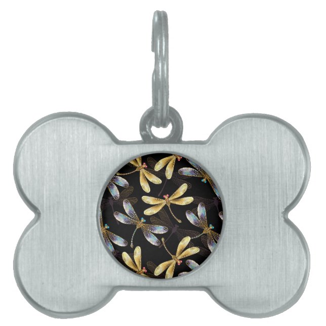 Seamless Pattern with Golden Dragonflies Pet ID Tag (Front)