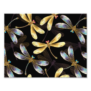 Seamless Pattern with Golden Dragonflies Photo Print