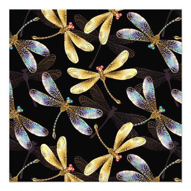 Seamless Pattern with Golden Dragonflies Photo Print (Front)