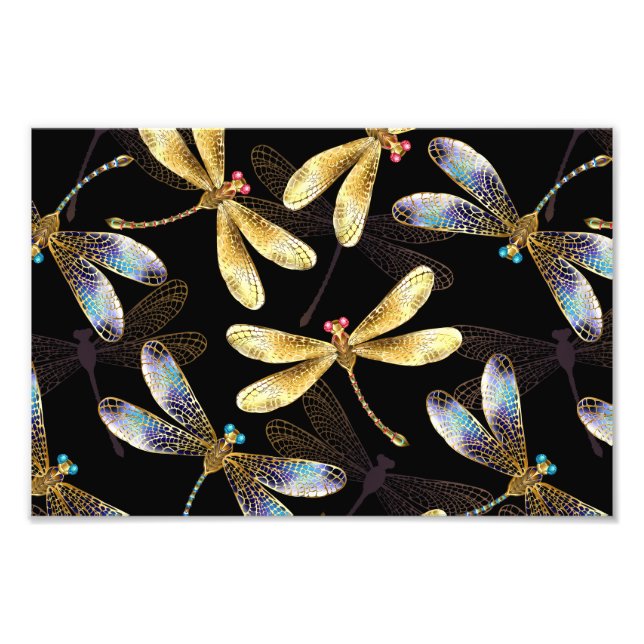 Seamless Pattern with Golden Dragonflies Photo Print (Front)