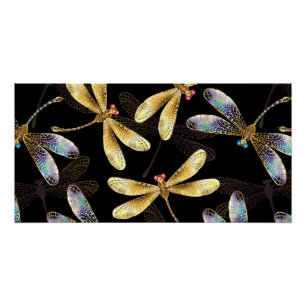 Seamless Pattern with Golden Dragonflies Poster