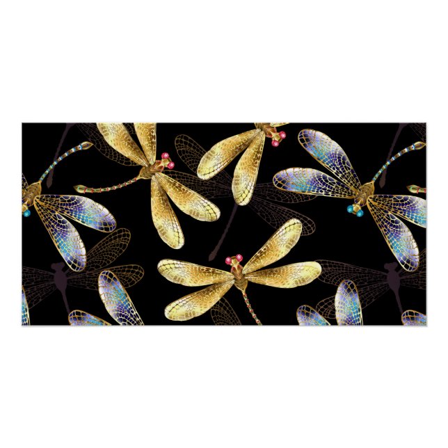 Seamless Pattern with Golden Dragonflies Poster (Front)