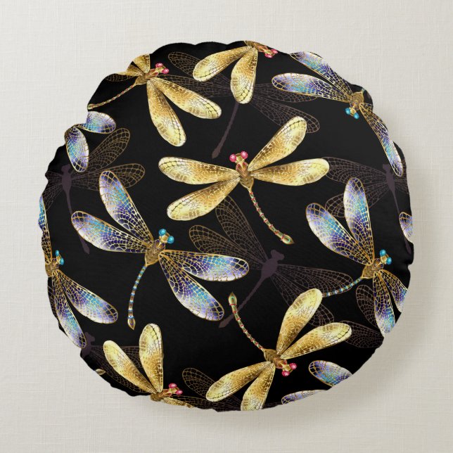 Seamless Pattern with Golden Dragonflies Round Pillow (Front)