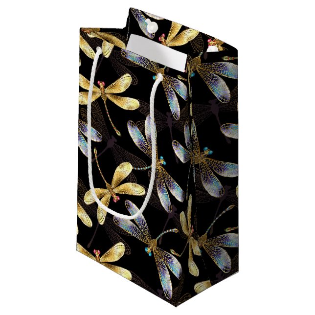 Seamless Pattern with Golden Dragonflies Small Gift Bag (Front Angled)