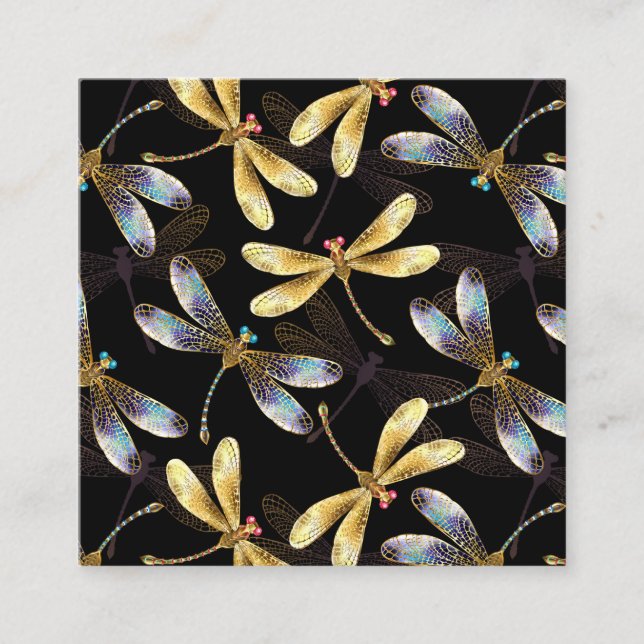 Seamless Pattern with Golden Dragonflies Square Business Card (Front)