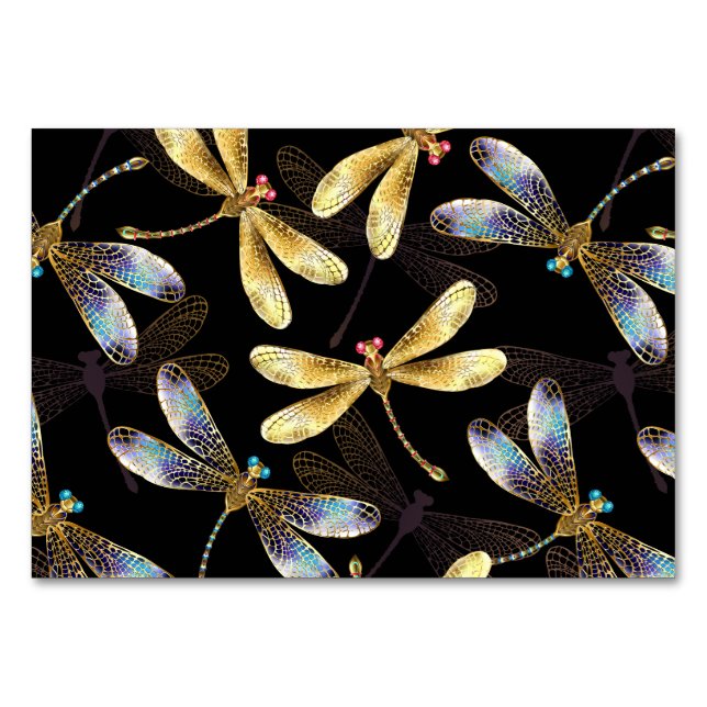 Seamless Pattern with Golden Dragonflies Table Number (Front)
