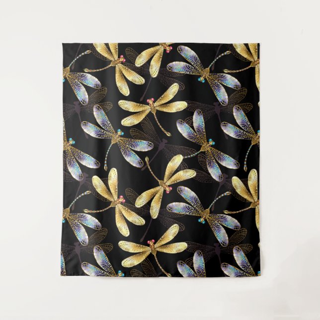 Seamless Pattern with Golden Dragonflies Tapestry (Front)