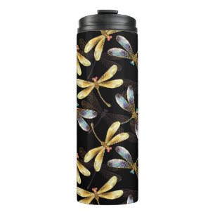 Seamless Pattern with Golden Dragonflies Thermal Tumbler