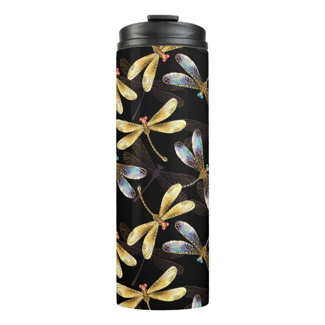 Seamless Pattern with Golden Dragonflies Thermal Tumbler (Front)