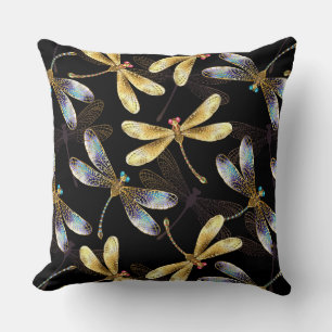 Seamless Pattern with Golden Dragonflies Throw Pillow