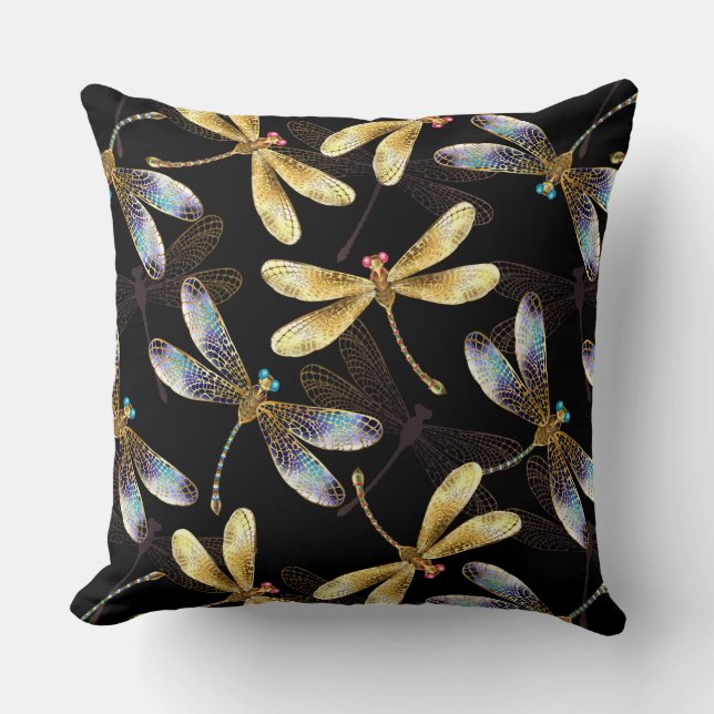Seamless Pattern with Golden Dragonflies Throw Pillow (Front)