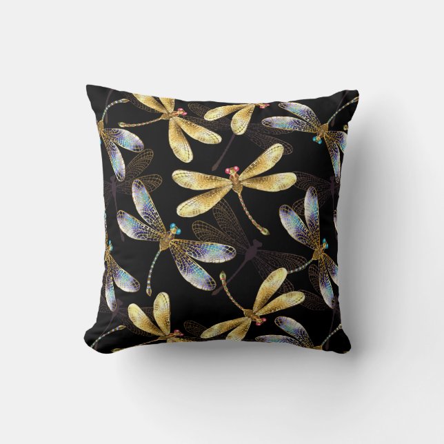 Seamless Pattern with Golden Dragonflies Throw Pillow (Front)