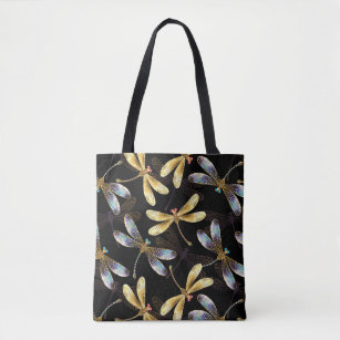 Seamless Pattern with Golden Dragonflies Tote Bag