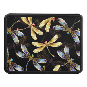 Seamless Pattern with Golden Dragonflies Trailer Hitch Cover
