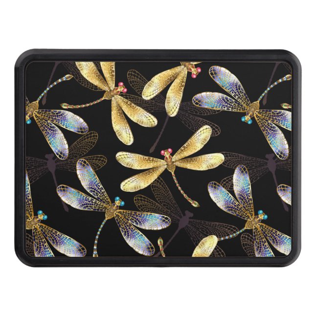 Seamless Pattern with Golden Dragonflies Trailer Hitch Cover (Front)