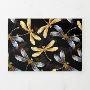 Seamless Pattern with Golden Dragonflies Tri-Fold Card