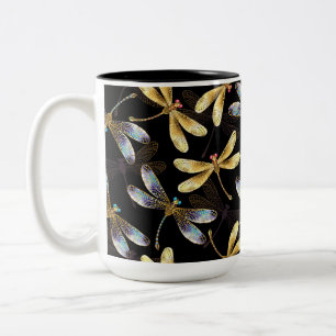 Seamless Pattern with Golden Dragonflies Two-Tone Coffee Mug
