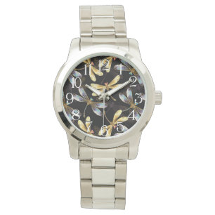 Seamless Pattern with Golden Dragonflies Watch