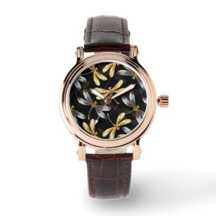 Seamless Pattern with Golden Dragonflies Watch