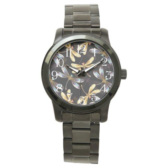 Seamless Pattern with Golden Dragonflies Watch (Front)
