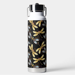 Seamless Pattern with Golden Dragonflies Water Bottle