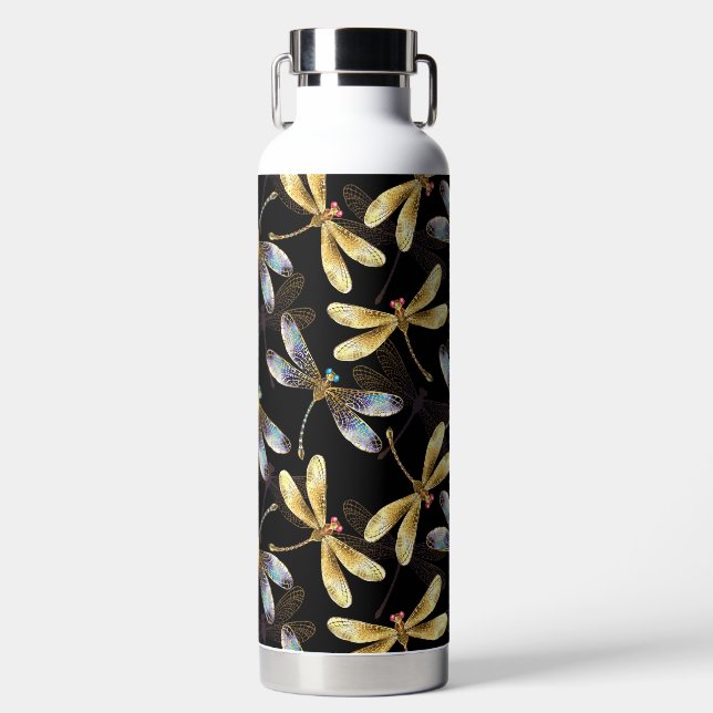 Seamless Pattern with Golden Dragonflies Water Bottle (Front)