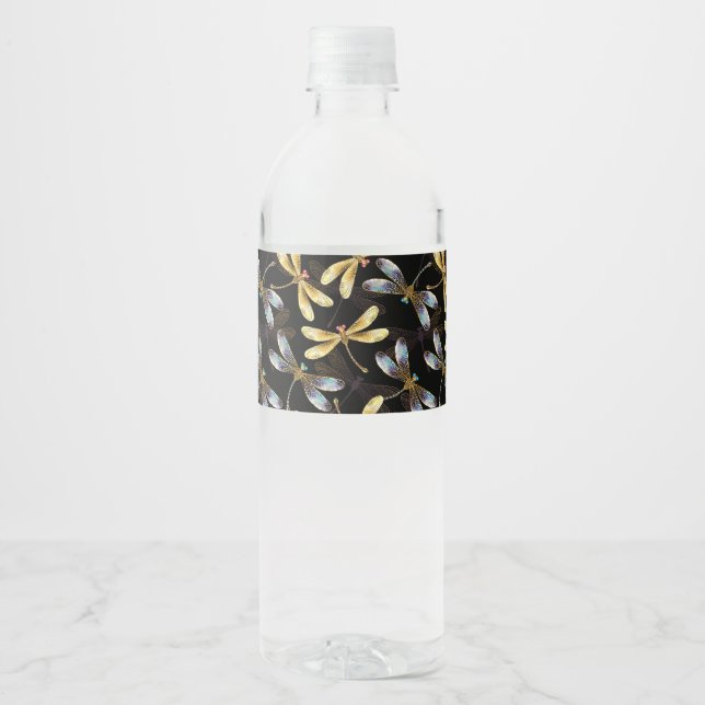 Seamless Pattern with Golden Dragonflies Water Bottle Label (Front)
