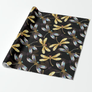 Seamless Pattern with Golden Dragonflies Wrapping Paper