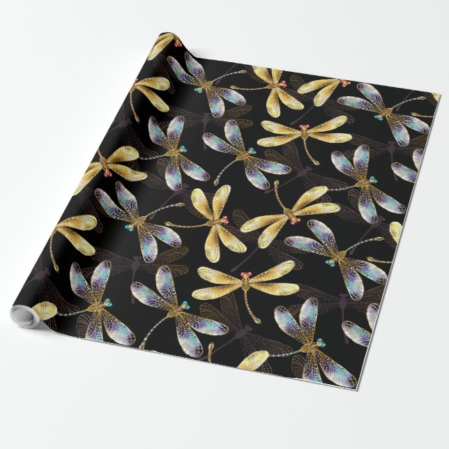 Seamless Pattern with Golden Dragonflies Wrapping Paper (Unrolled)