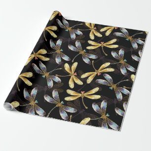 Seamless Pattern with Golden Dragonflies Wrapping Paper