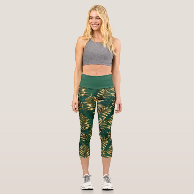 Seamless pattern with golden ferns capri leggings (Front)