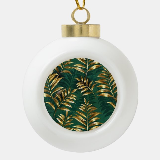 Seamless pattern with golden ferns ceramic ball christmas ornament (Front)