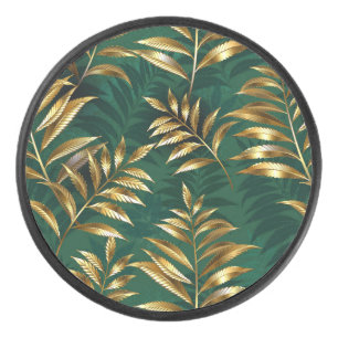 Seamless pattern with golden ferns hockey puck