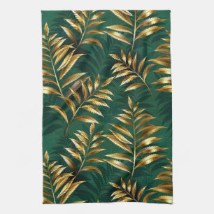 Seamless pattern with golden ferns kitchen towel