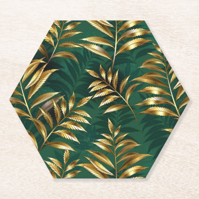 Seamless pattern with golden ferns paper coaster (Front)