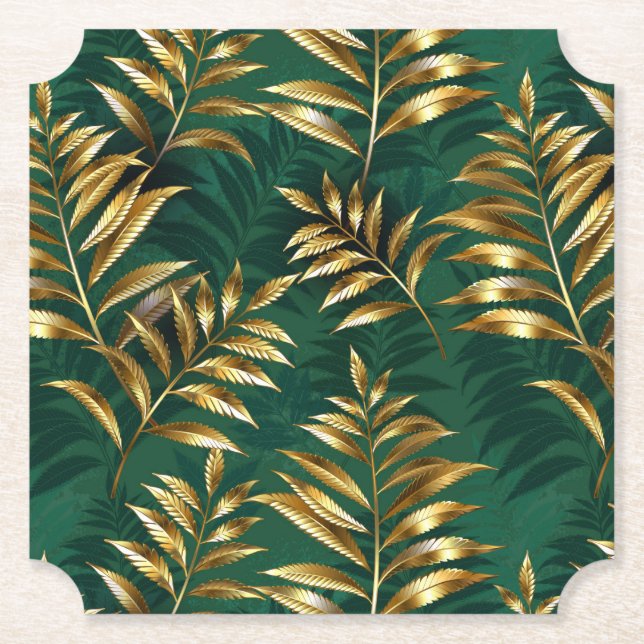 Seamless pattern with golden ferns paper coaster (Front)