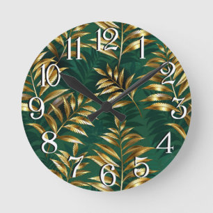 Seamless pattern with golden ferns round clock