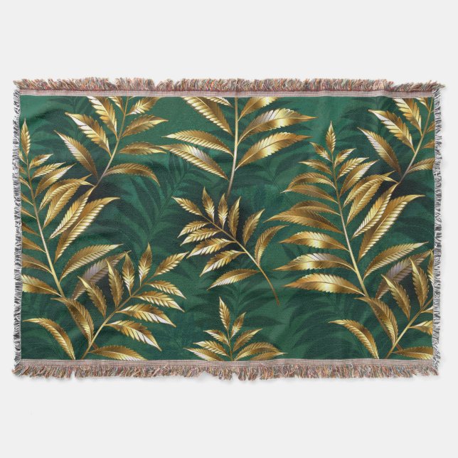 Seamless pattern with golden ferns throw blanket (Front)