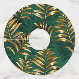 Seamless pattern with golden ferns wine glass tag