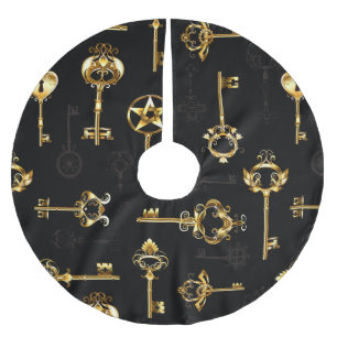 Seamless Pattern with Golden Keys Brushed Polyester Tree Skirt