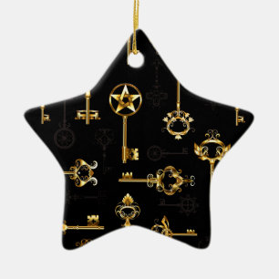 Seamless Pattern with Golden Keys Ceramic Ornament