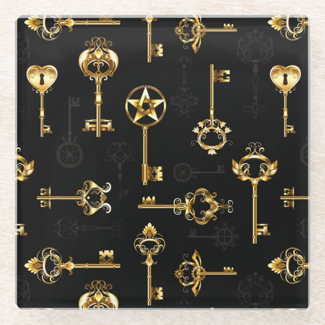 Seamless Pattern with Golden Keys Glass Coaster (Front)