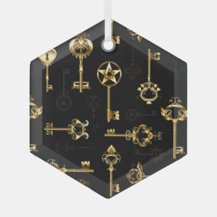 Seamless Pattern with Golden Keys Glass Ornament
