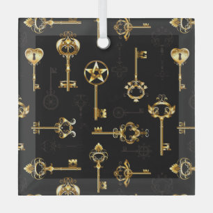 Seamless Pattern with Golden Keys Glass Ornament